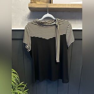 Tie Neck Black Tan Blouse Women XL Short Sleeve Striped Retro